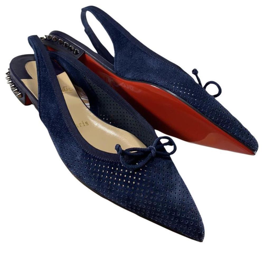 Hall Spike navy blue Spiked Perforated Suede Slingback Flats D530